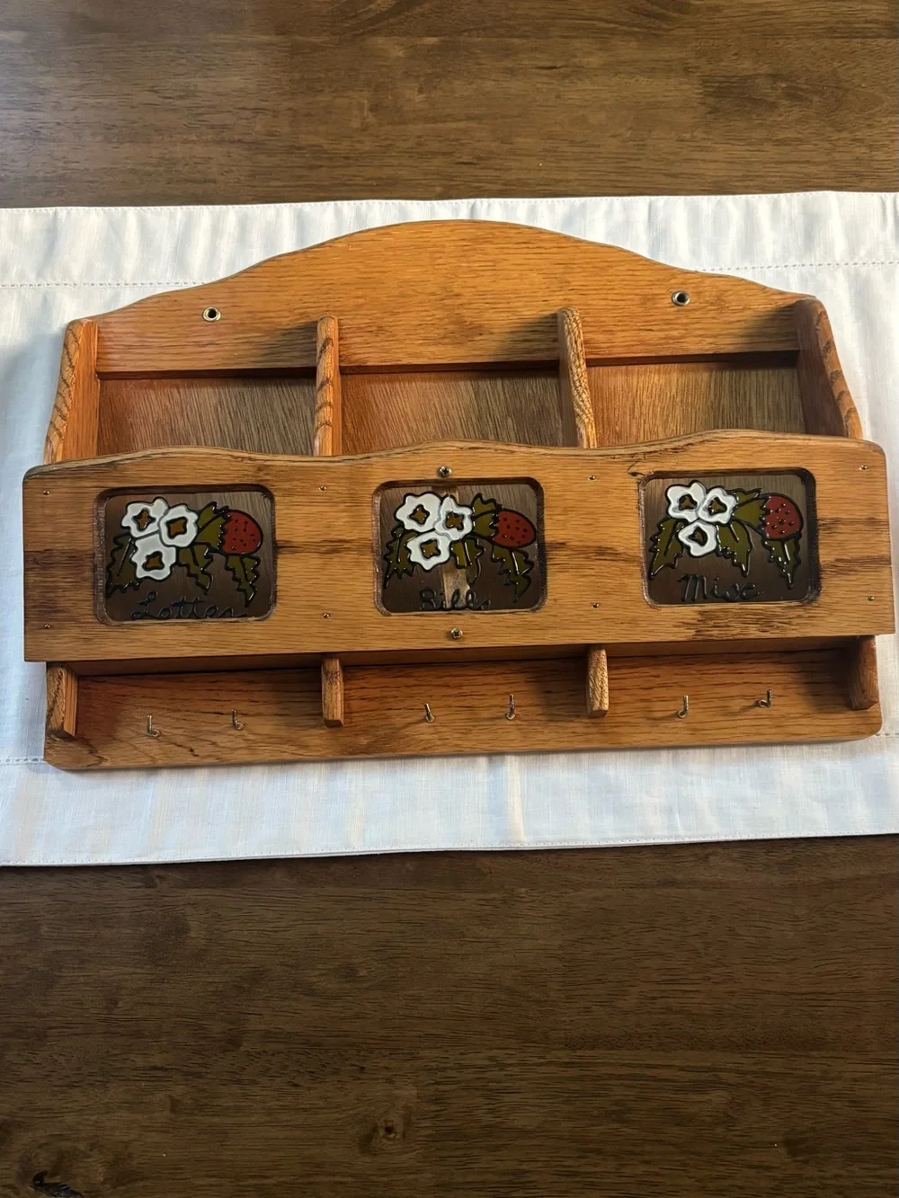 Vintage Wooden Wall Mail & Key Hanger with Strawberry Window Accents Cottagecore